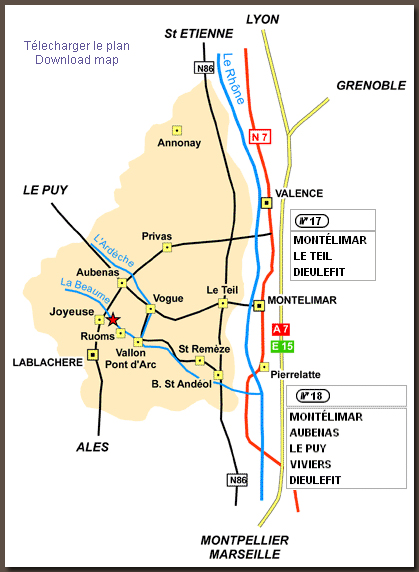plan d'accès vers les gîtes Les Grads de Perret à Rosières en Ardèche